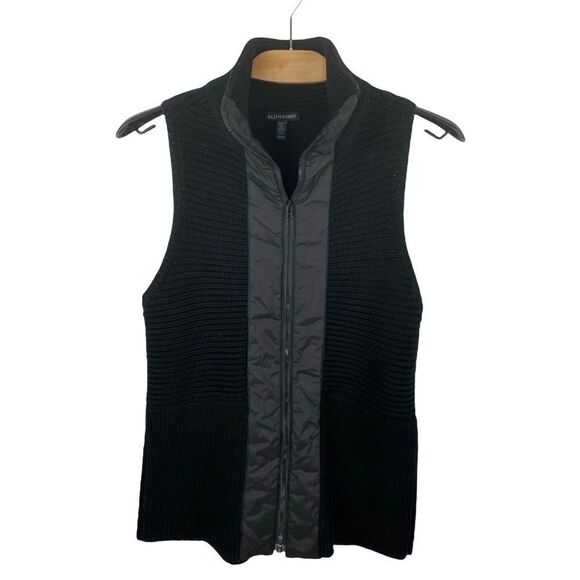 EILEEN Fisher Black Ribbed Merino Zip Front Vest w/ Patka Trim Size XS - Picture 1 of 5